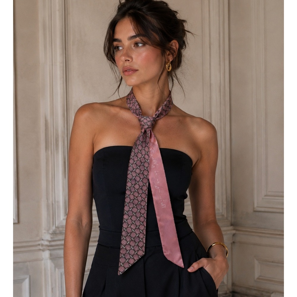 Pink Geometric Chain Link Silk Skinny Scarf Twilly‎ with Script Lettering